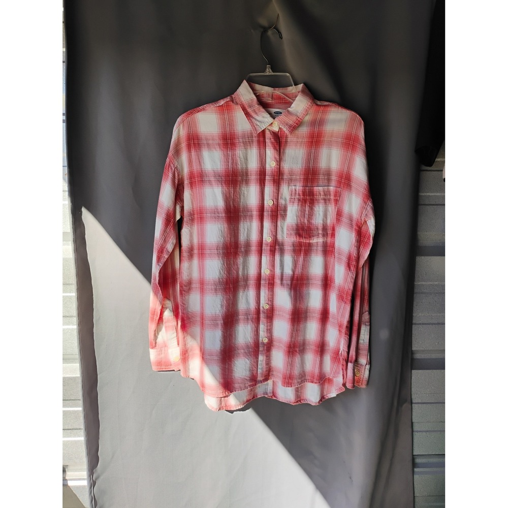 Old Navy Boyfriend Shirt Womens Small Red White Plaid Button Down Long Sleeve